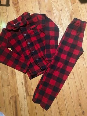 Kids Red and Black Plaid Fleece Button-Up Pajama Set